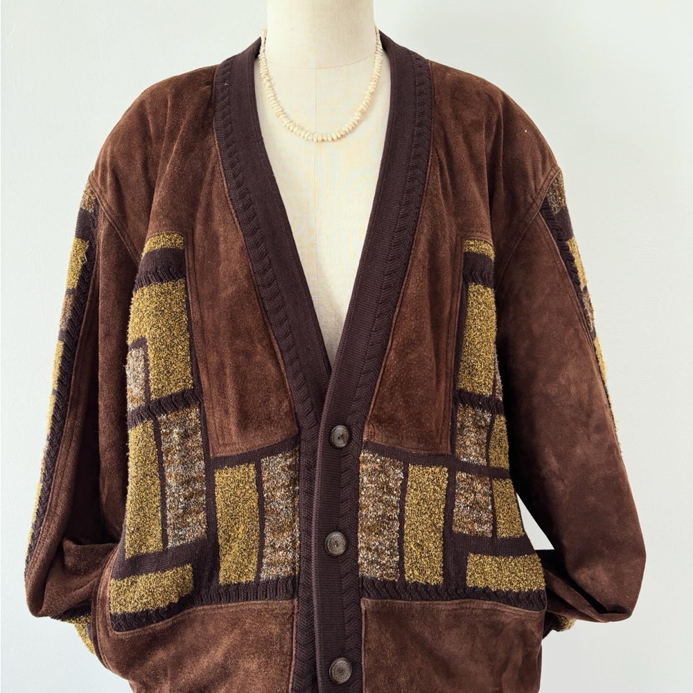 Men's unisex Brown Suede Patchwork Bomber Jacket - Retro Varsity Style